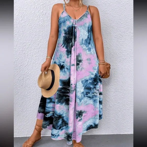 Boho Plus Size Tie Dye Ombre Print Asymmetrical Hem Cami Tank Top Maxi Dress - Picture 3 of 3